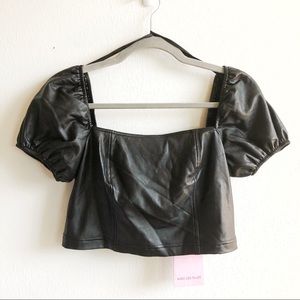 Avec Les Filles Crop Top Vegan Leather Puffed Sleeves Zipper Back Black Sz S NWT